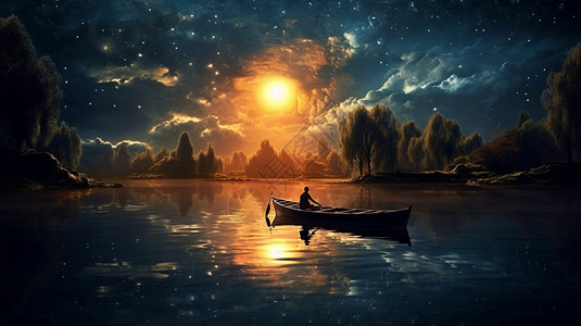 夜晚河上的一艘小船图片