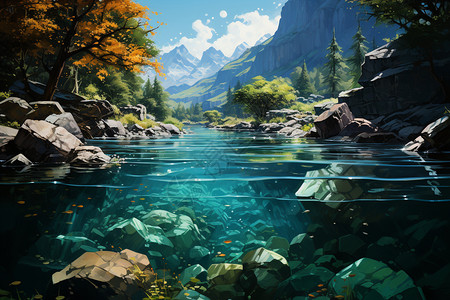 湖泊油画风格图片