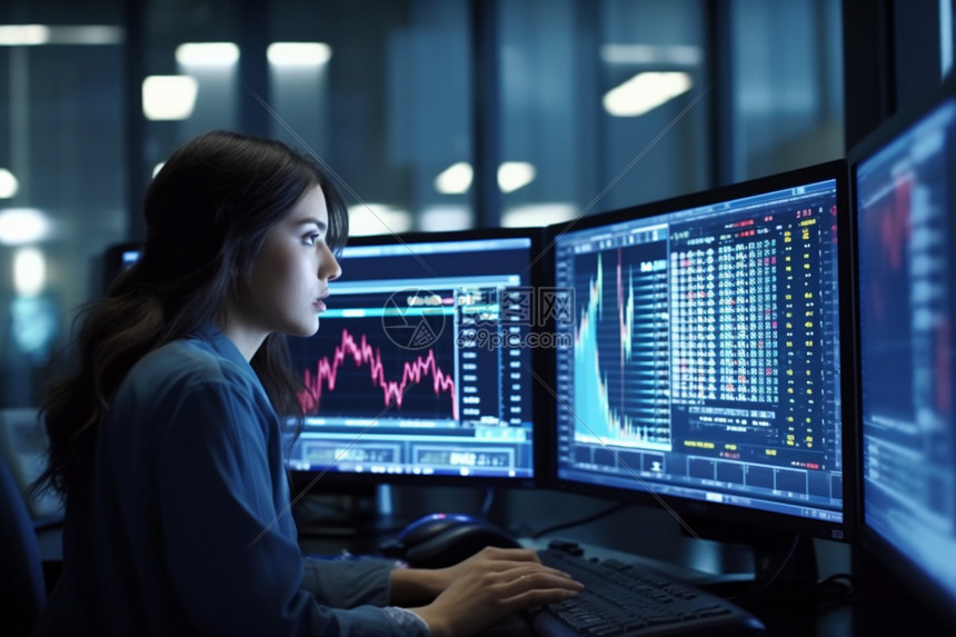 在电脑上操作股票的交易员图片