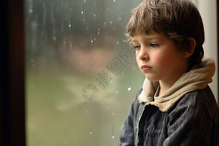 男孩孤独的看着窗外图片