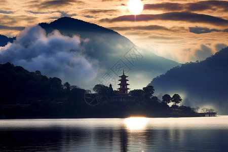 夕阳下的湖泊风景图片