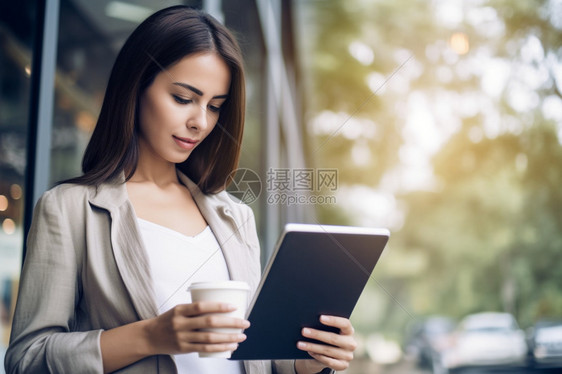 户外上网的商务女士图片