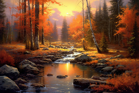 秋天森林的山水画图片
