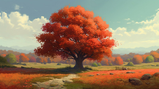 大气风景鲜红色的枫树插画