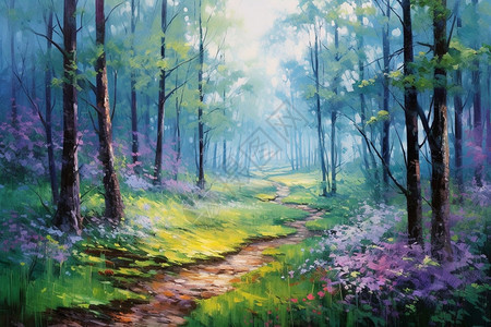 夏季森林景观的油画插图图片