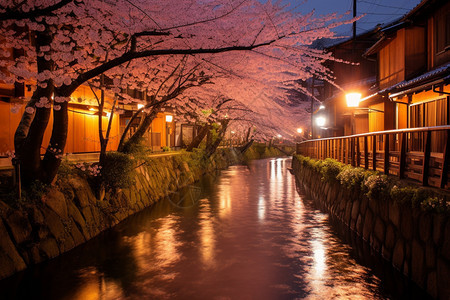 城市街道的建筑和樱花图片