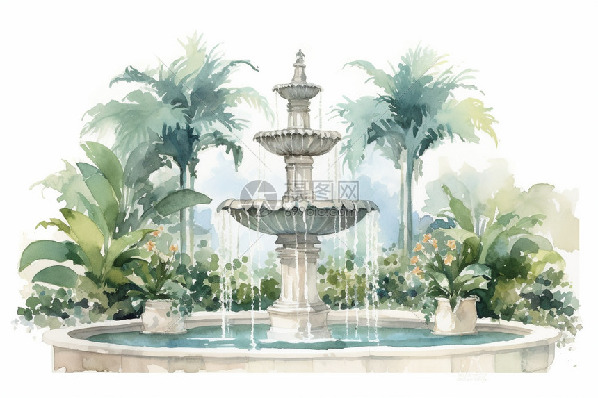 夏季园林中的喷泉建筑图片