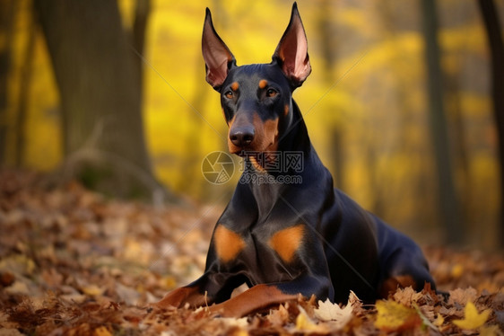 秋季树林里的杜宾犬图片