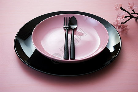 粉色盘子的黑色勺子图片