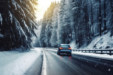 雪山公路上行驶的汽车图片