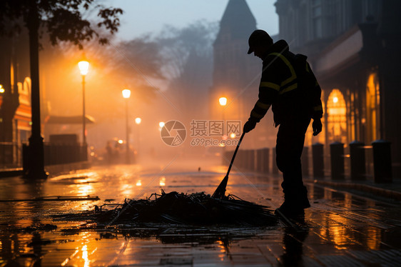 清晨街道清洁工的轮廓图片