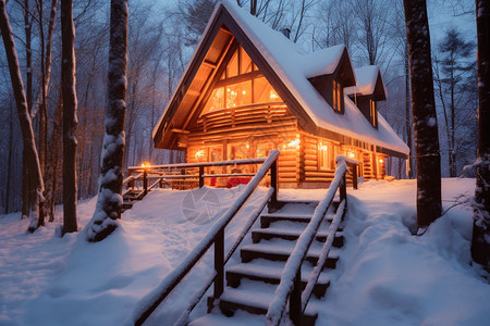 冬天微光的小木屋图片