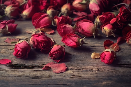 木桌上的玫瑰花干背景图片