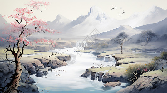 蜿蜒河流的风景画图片