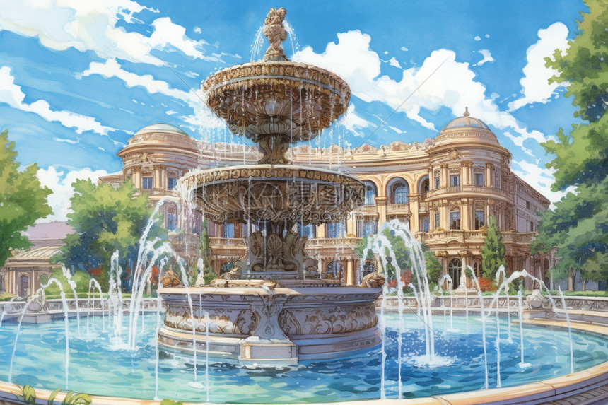 欧式风格喷泉的艺术插图图片