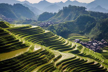 夏季丘陵梯田的美丽景观图片