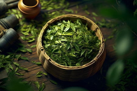 新鲜采摘的绿色茶叶图片