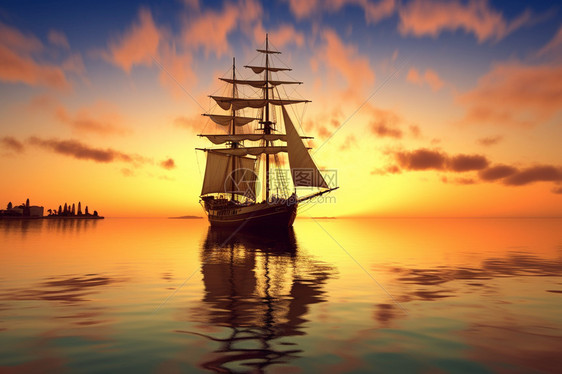 日落海面行驶的帆船图片