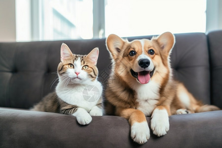 女孩儿和狗家中的宠物猫狗背景