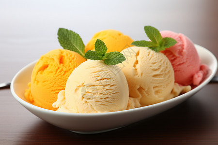 餐盘中的冰淇淋球背景图片