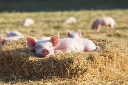 关灯睡觉在草堆睡觉的小猪背景