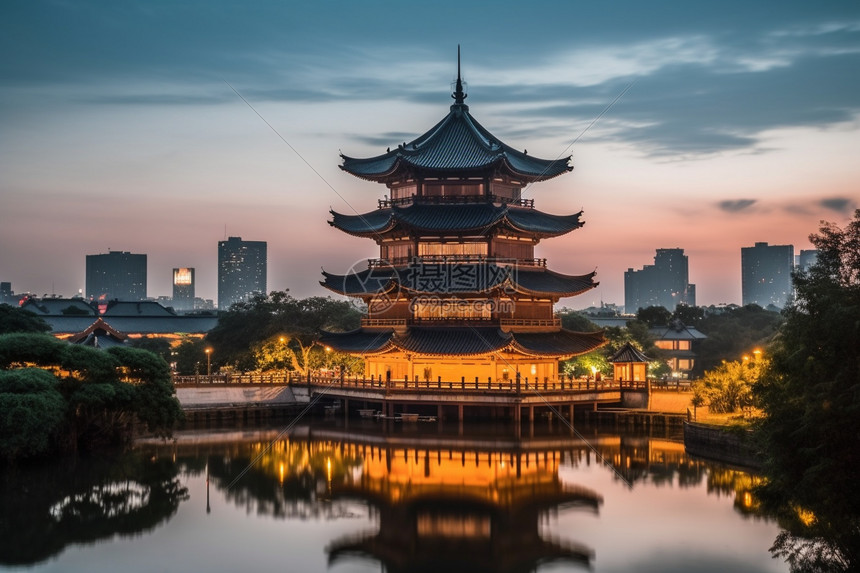 黄昏下的城市古代建筑高清图片下载-正版图片600331411-摄图网