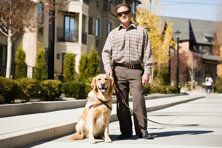 户外的男人和导盲犬背景图片