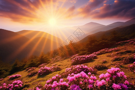 阳光洒在开满花朵的山坡上图片