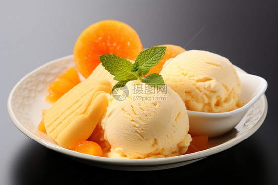 餐盘中的芒果冰淇淋图片
