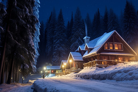 雪冰阿尔卑斯山脚下的房屋背景