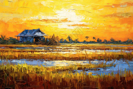 油画稻米农场金色夕阳图片