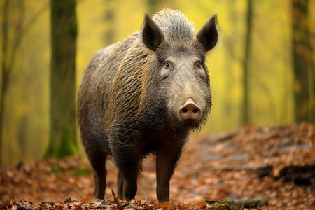 杂食动物野猪在森林背景