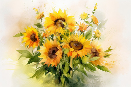 柔和梦幻的背景下绘制向日葵花束图片