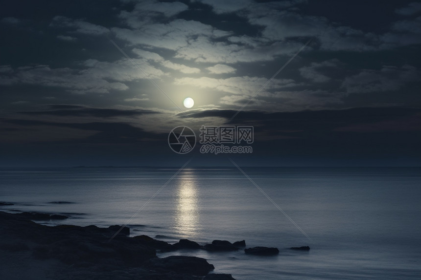 夜晚海平面上的月亮图片