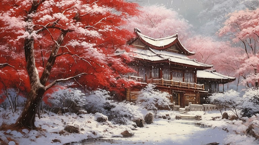 雪中的红房子图片