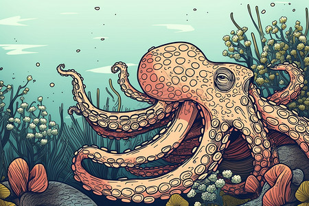 深海中章鱼的艺术插图背景图片