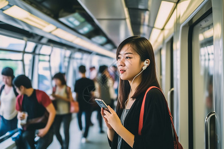 公共交通中听歌的女生高清图片