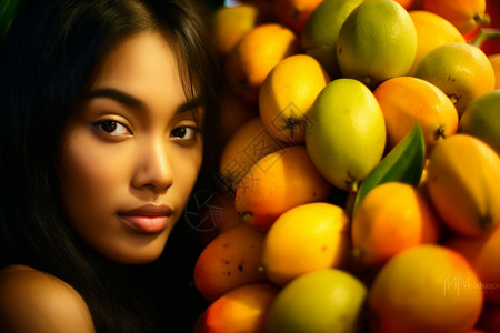芒果堆旁的外国女子图片