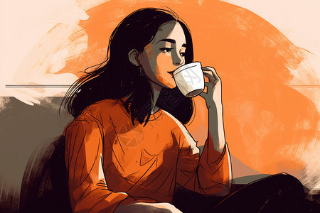 喝咖啡的年轻女子插画图片