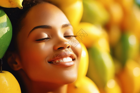 芒果堆前微笑的女子背景图片