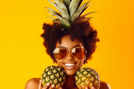 头顶菠萝叶微笑的女性图片