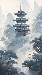 透过浓雾，我们可以看到矗立在山顶上的圣殿。这座寺庙以其宏伟的建筑风格而闻名，表现出神圣的圣和庄严。详细的和绘画细节使寺庙栩栩图片