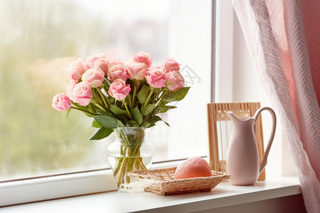 窗边的玫瑰花束与日用品图片