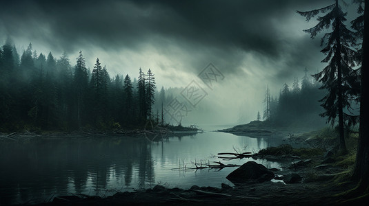 云雾缭绕的林湖图片