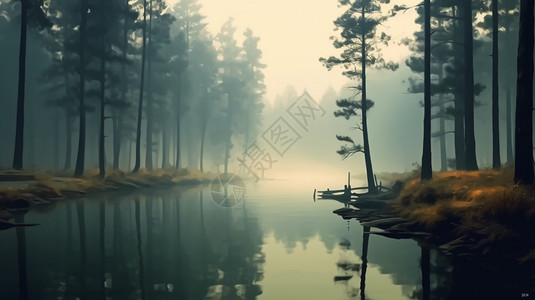 迷雾森林中的湖图片