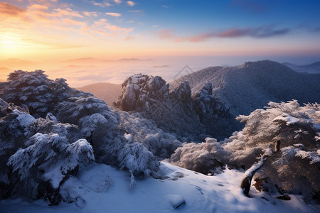 白雪覆盖的黄山景观背景图片