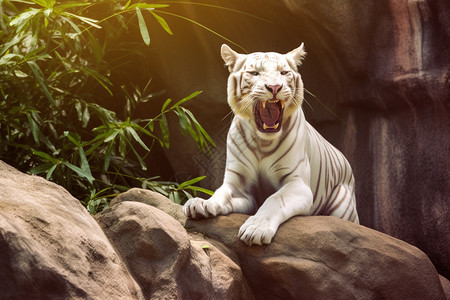 岩石上咆哮的白虎图片
