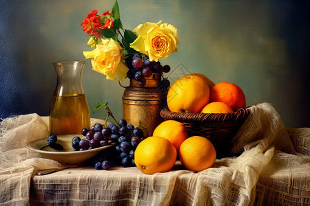 水果和鲜花的静物油画图片