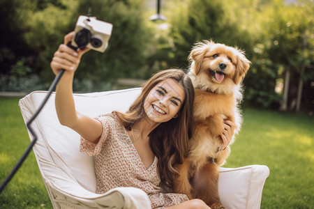 和狗狗一起拍照的外国女子背景图片