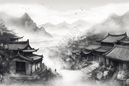 历史山村的山水画背景图片